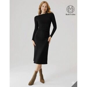 OGL Dress Womens Small Black Thermal Boatneck Ruched Brami Midi Maxwarm Padded